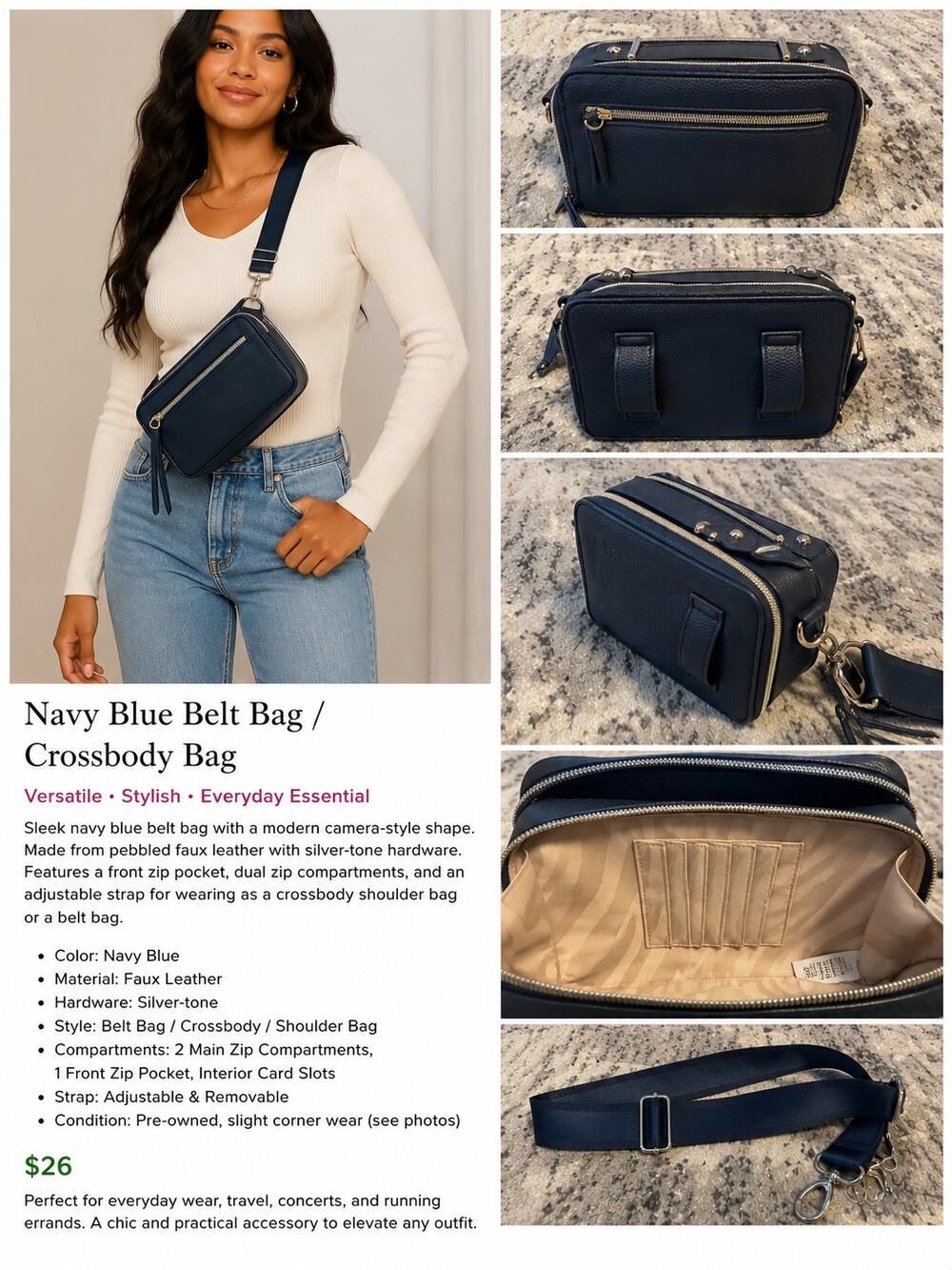 Navy Blue Convertible Belt Bag Crossbody Camera Bag Silver Hardware